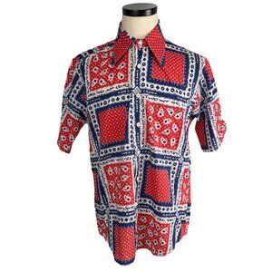 Vintage 70s Kings Road Mens Perma-Prest Short Sleeve Shirt Size M Red/Blue